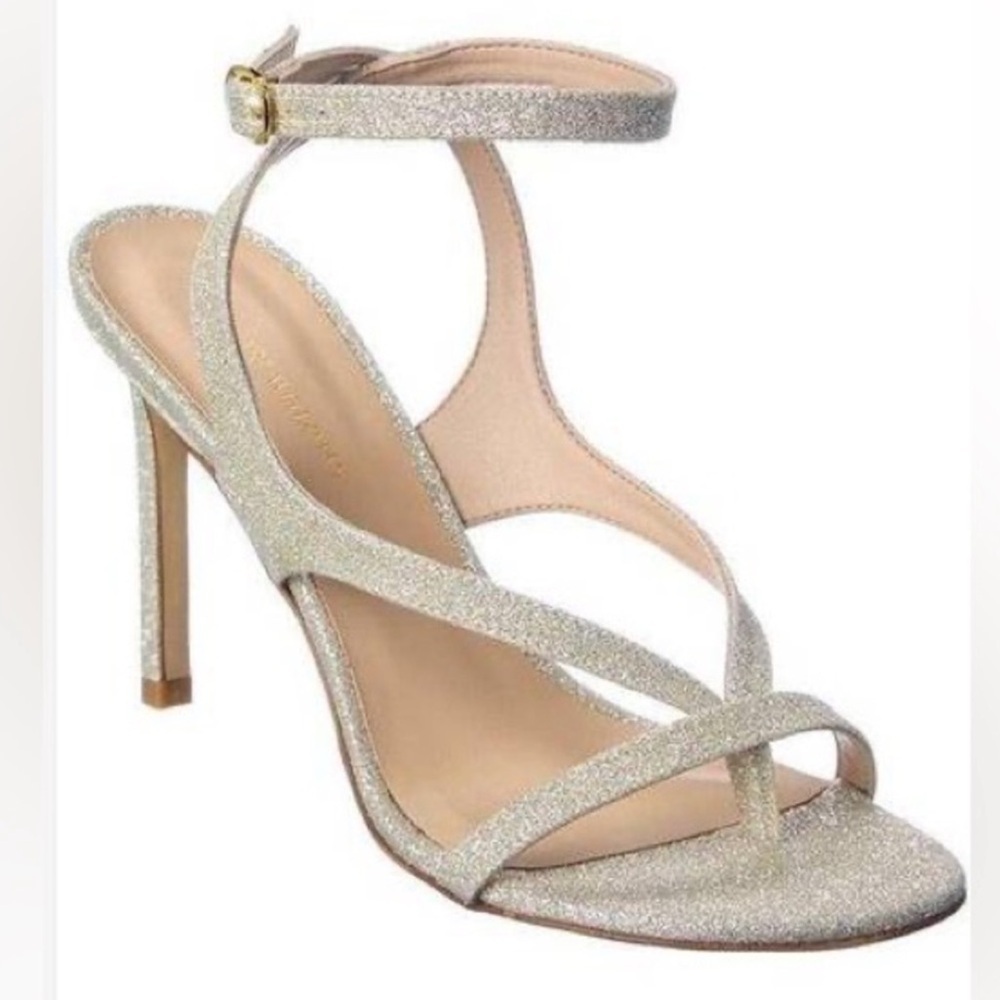 Stuart Weitzman ALIGN 95 Silver Sparkle Strappy Heels | Minimalist Nudist Style - Picture 2 of 11